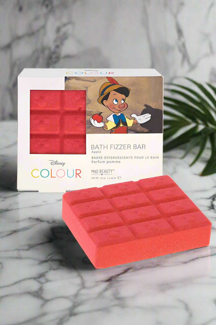 Red bath fizzer bar with packaging featuring a character from Disney on a white background