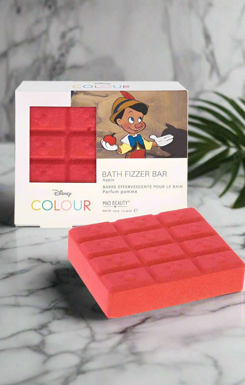 Red bath fizzer bar with packaging featuring a character from Disney on a white background