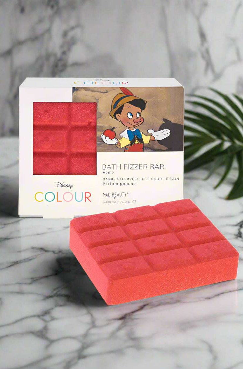 Red bath fizzer bar with packaging featuring a character from Disney on a white background