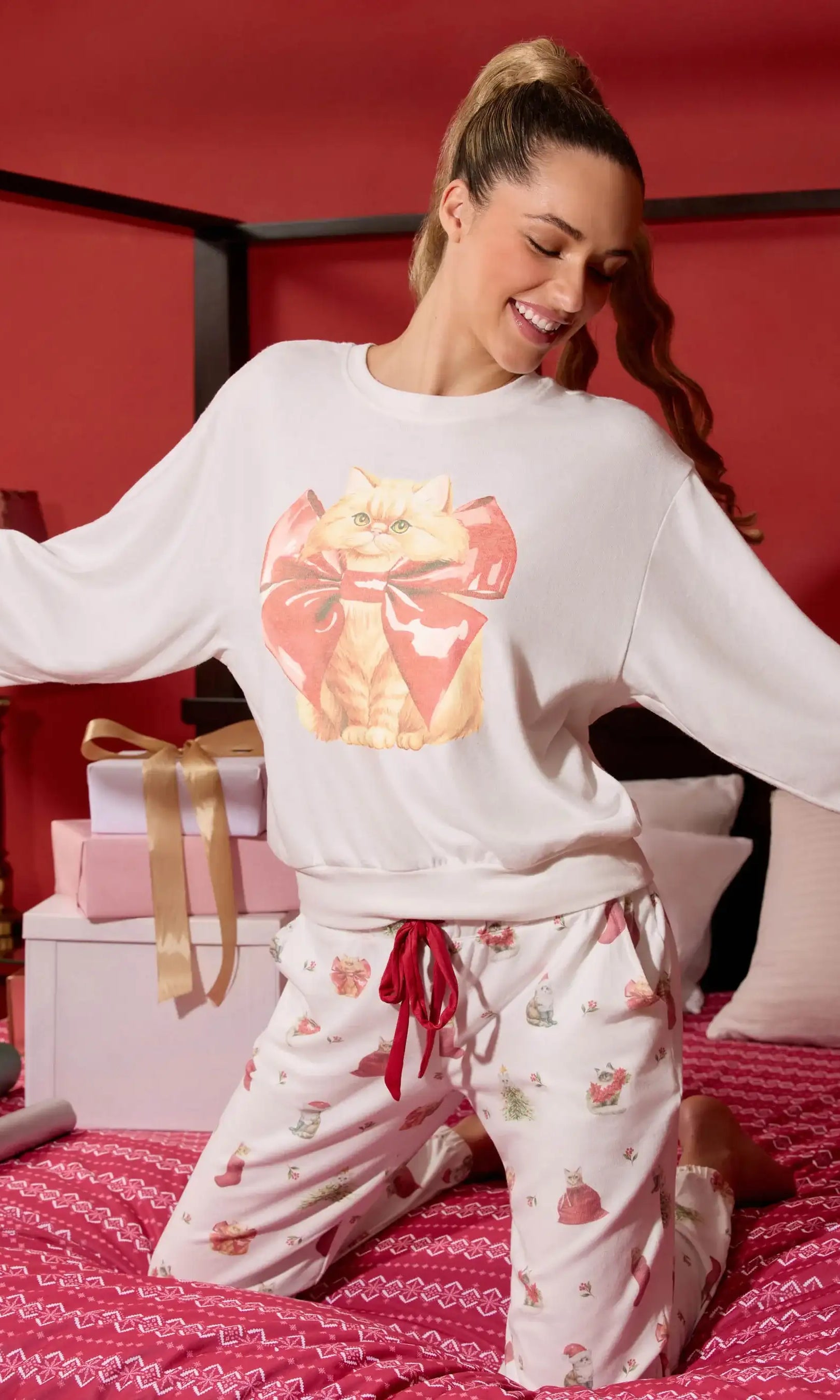 PJ Salvage Feline Festive Cat Print Sweater as seen on Chloe Sims