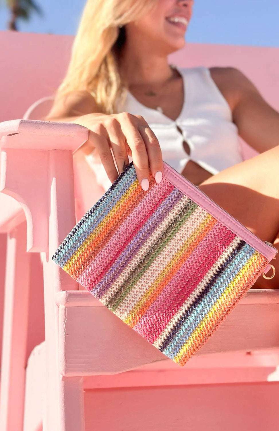 Packed Party Bring On The Fun Luxe Woven Rainbow Everything Pouch Bag Clutch Bag by Packed Party as seen on celebrities