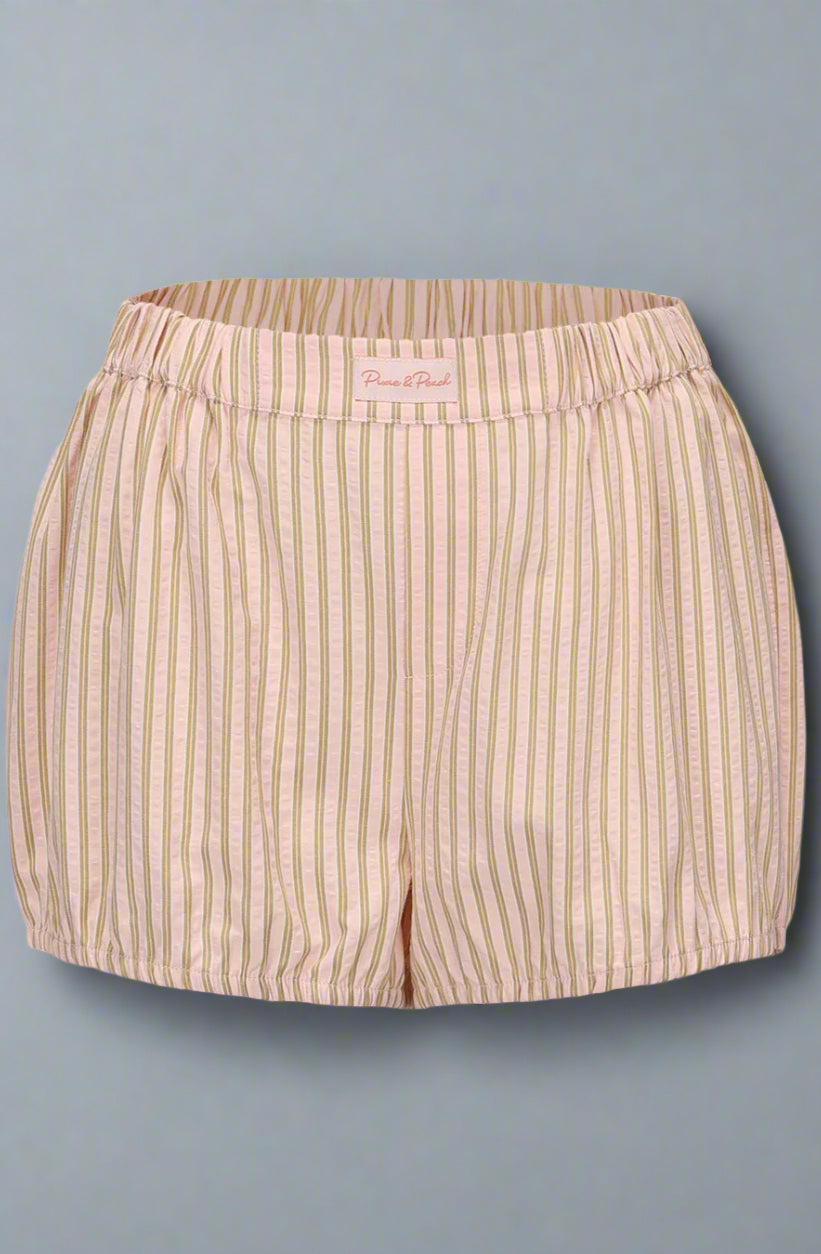 Beige striped shorts on a light gray background