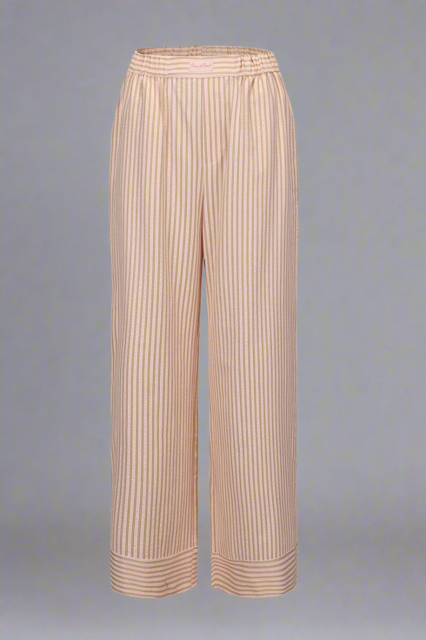 Beige striped pants on a light gray background