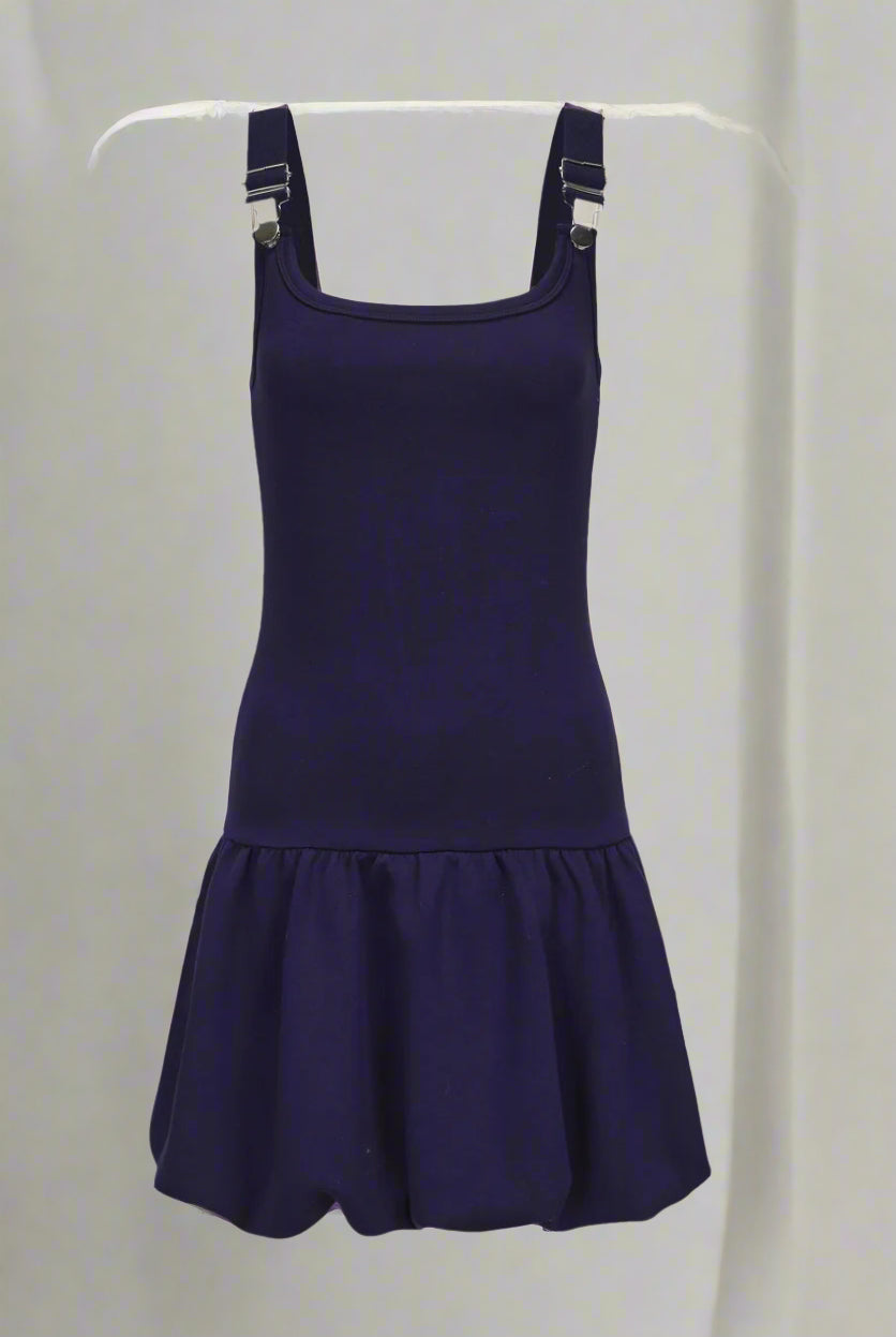 Navy blue dress with straps on a white background