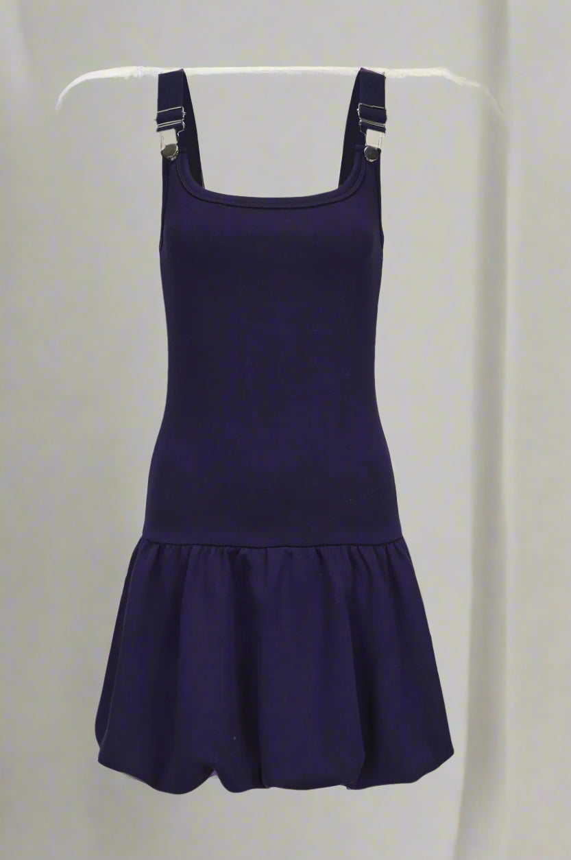 Navy blue dress with straps on a white background