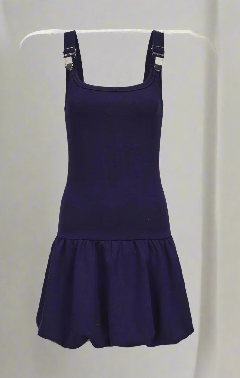 Navy blue dress with straps on a white background