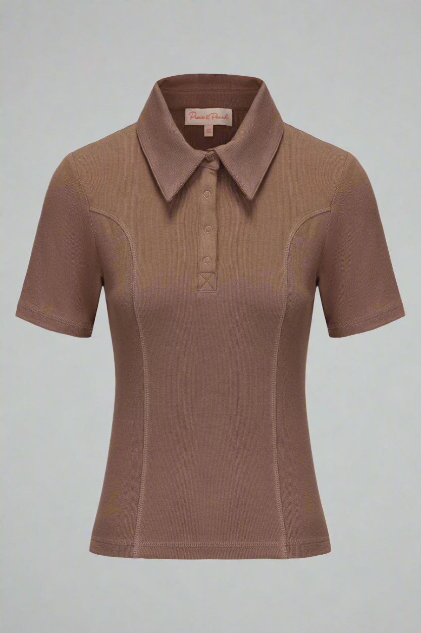 Brown polo shirt on a light gray background