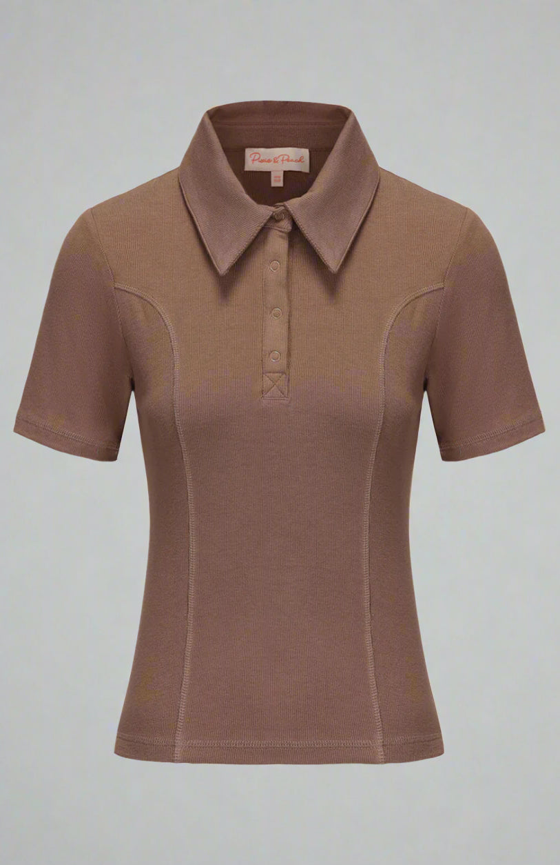 Brown polo shirt on a light gray background