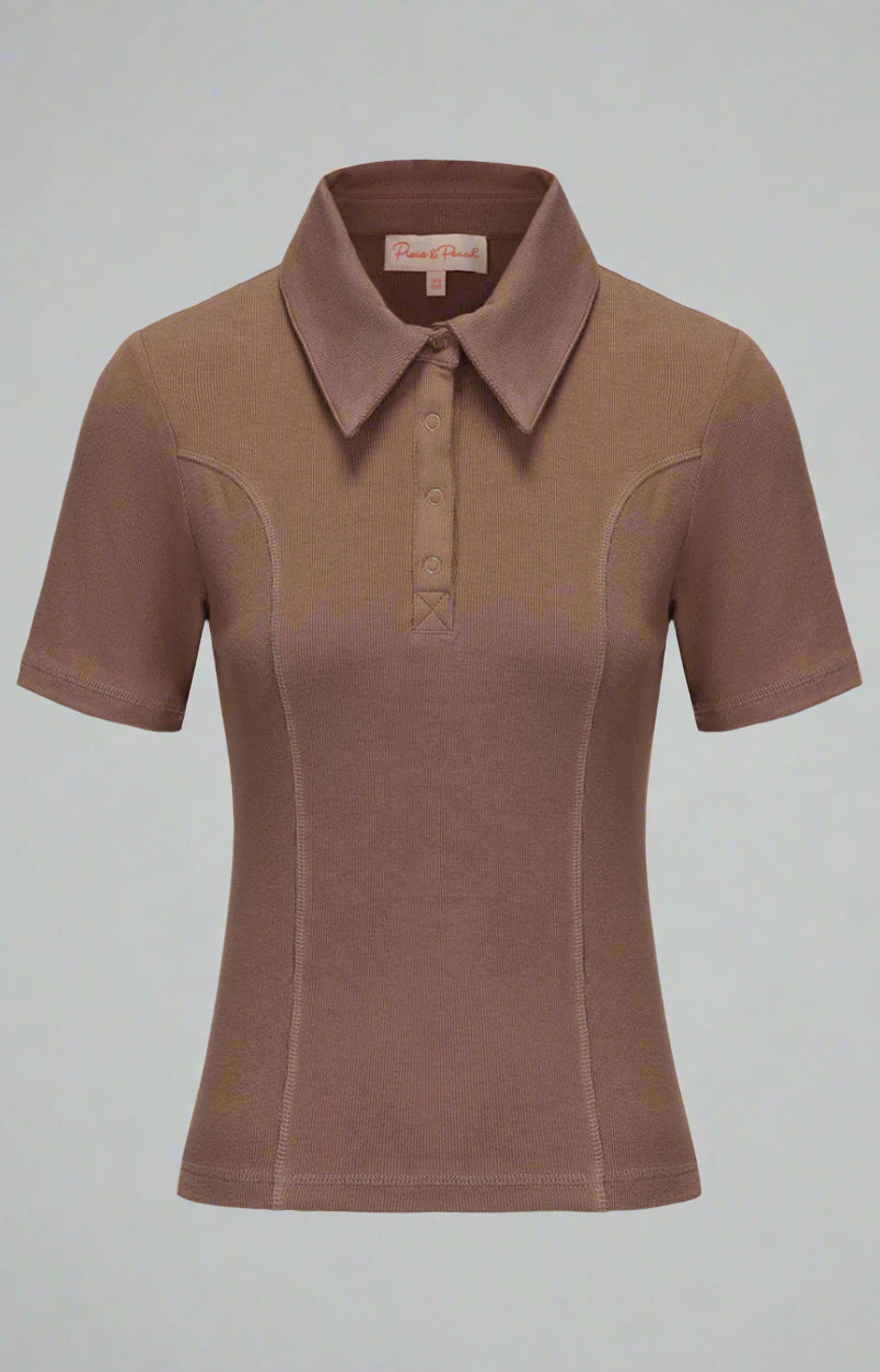 Brown polo shirt on a light gray background