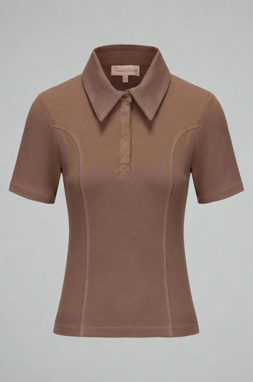 Brown polo shirt on a light gray background