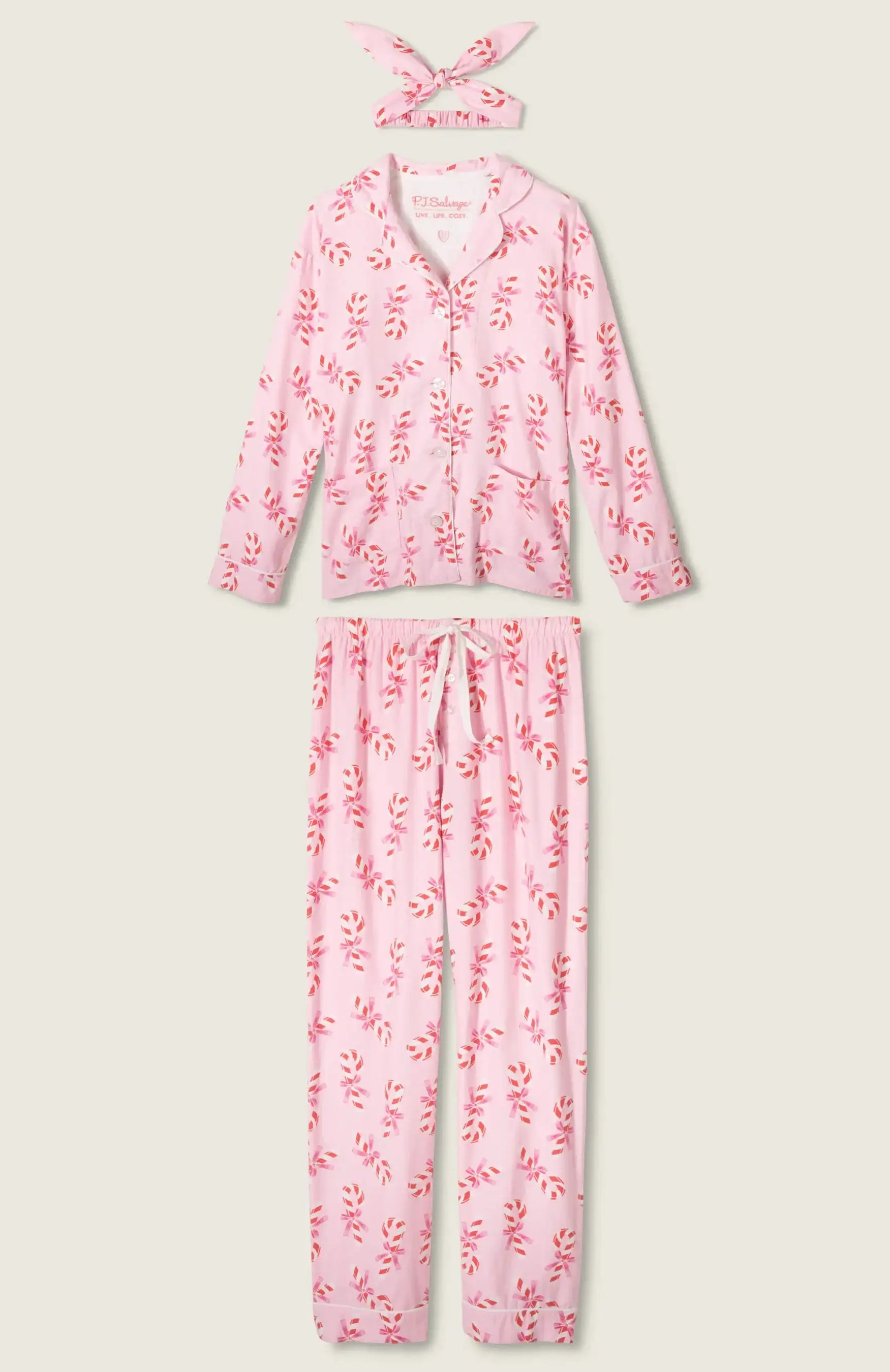 PJ Salvage Sweeter Than Sugar 3-Piece Candy Cane Print Flannel PJ Set as seen on Paris Hilton