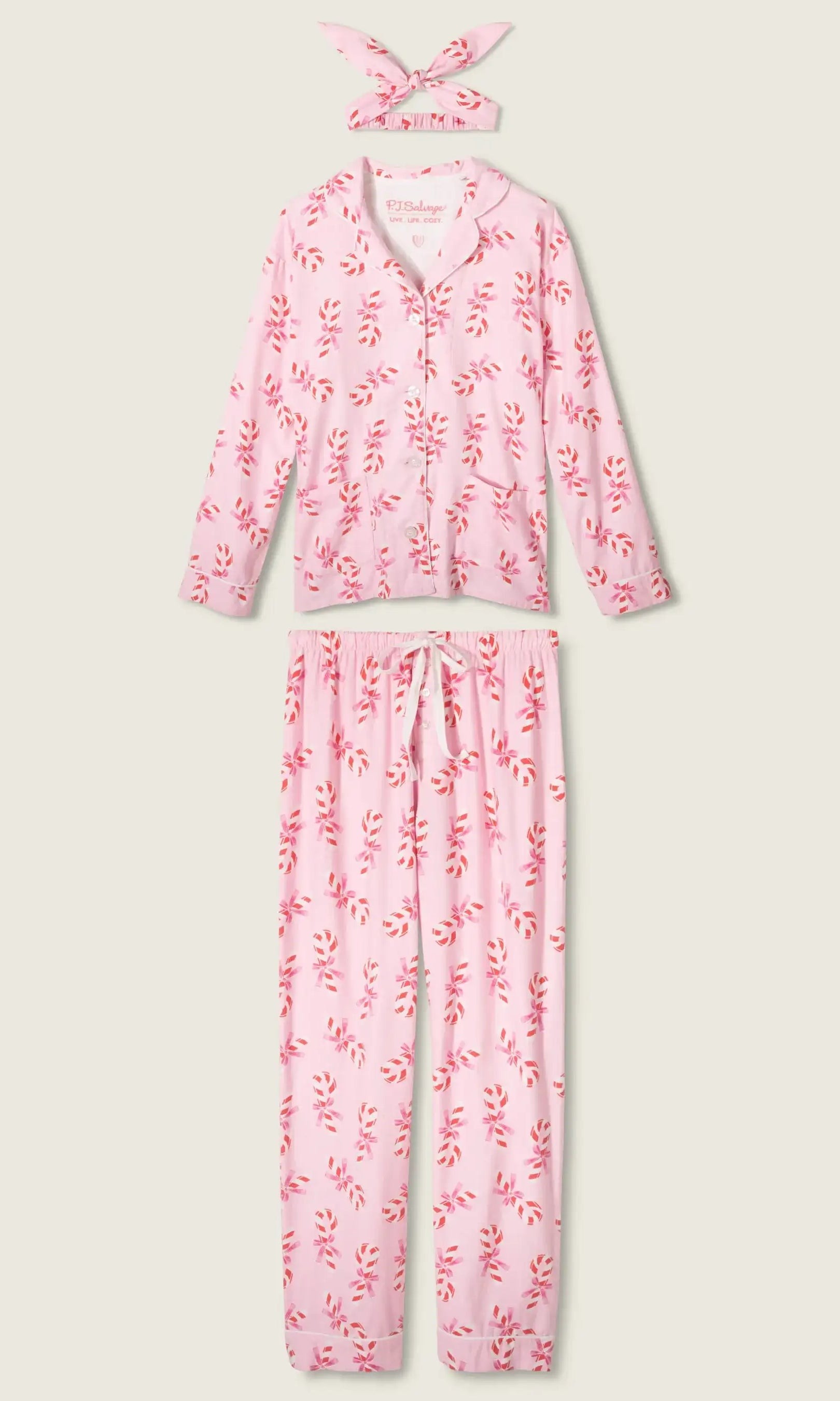 PJ Salvage Sweeter Than Sugar 3-Piece Candy Cane Print Flannel PJ Set as seen on Paris Hilton