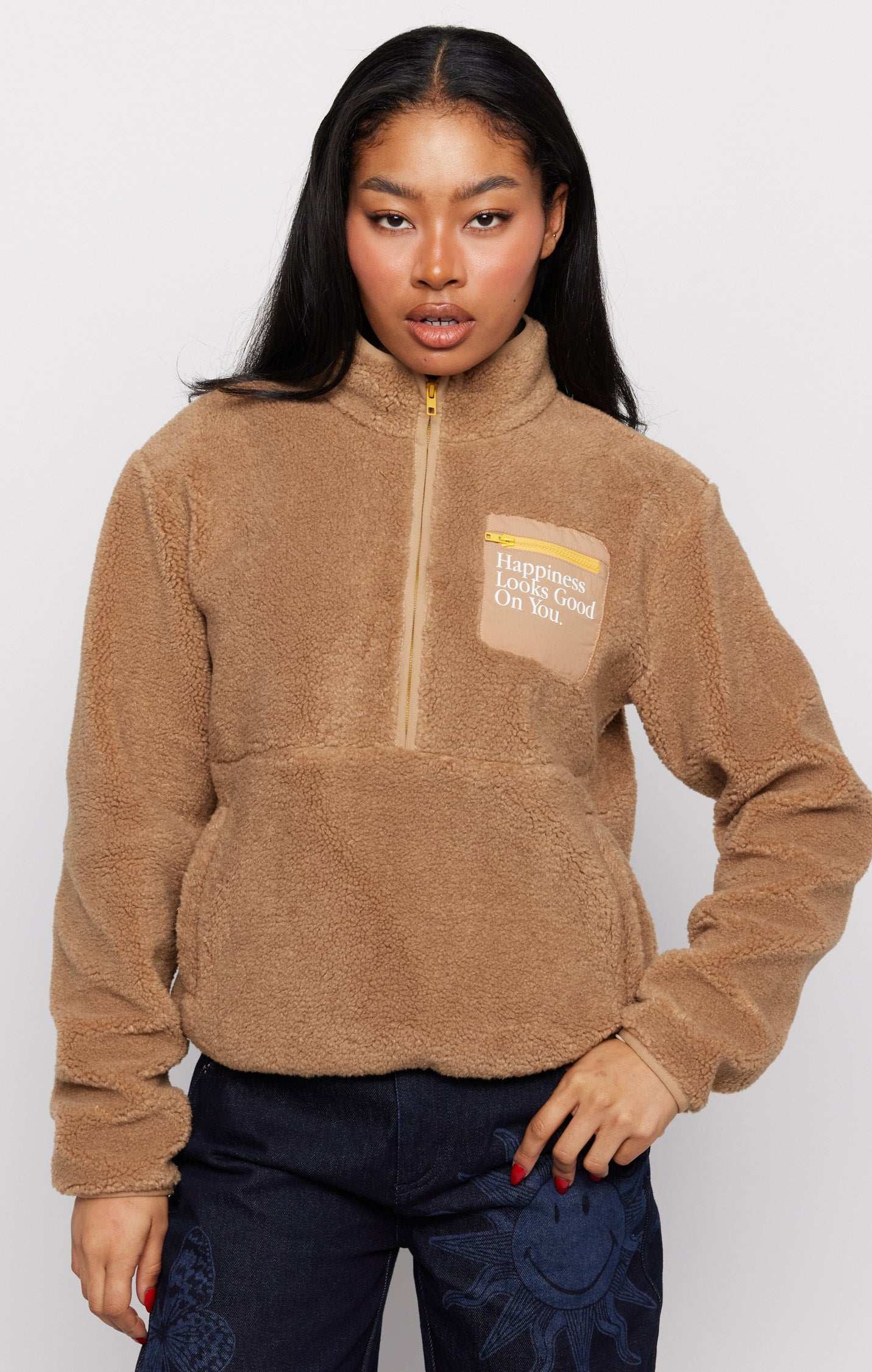 Samii Ryan Smiley® Sunshine Sherpa Jacket as seen on Sarah Jayne Dunn Jacket by Samii Ryan as seen on celebrities