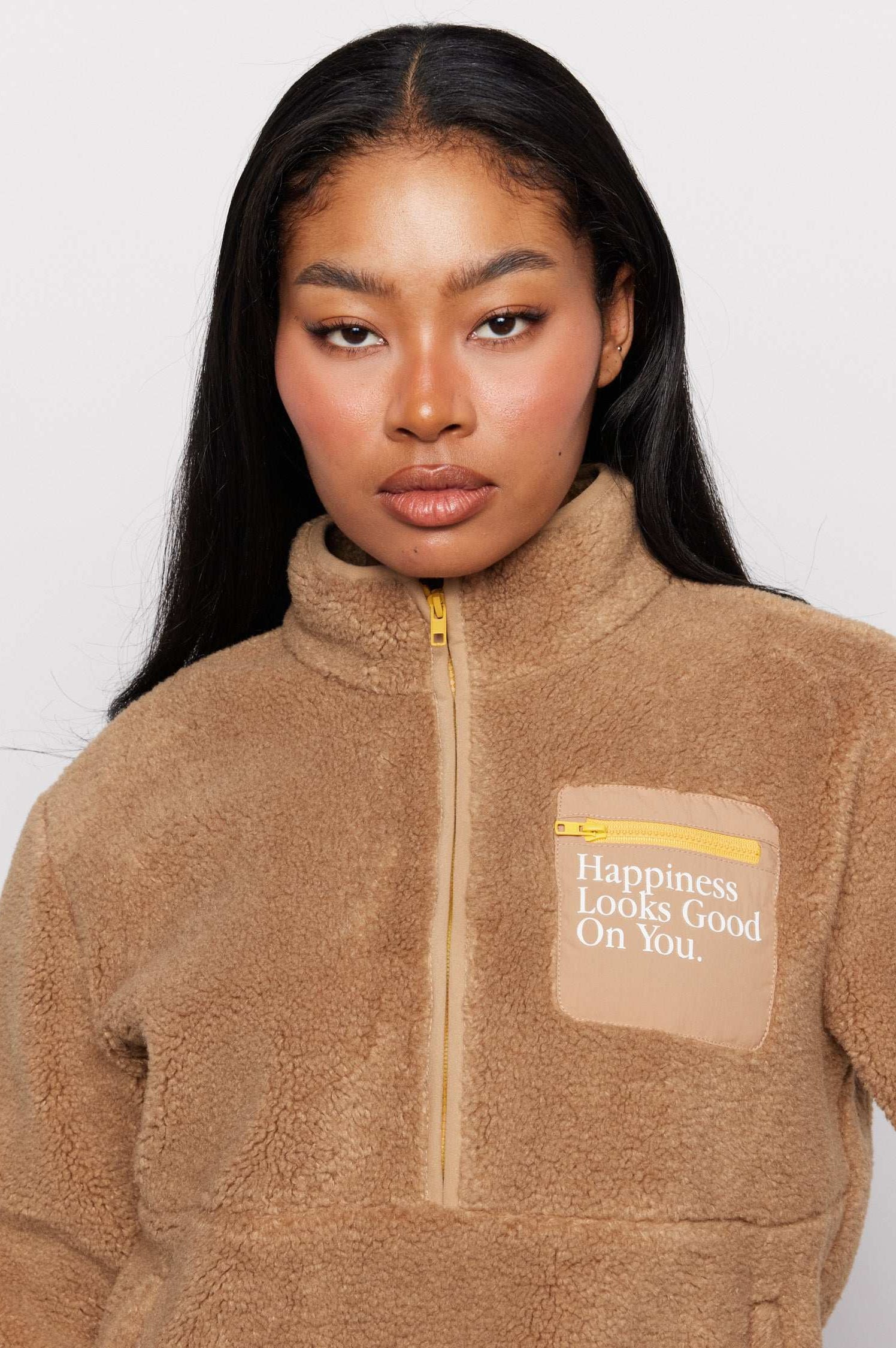 Samii Ryan Smiley® Sunshine Sherpa Jacket as seen on Sarah Jayne Dunn Jacket by Samii Ryan as seen on celebrities