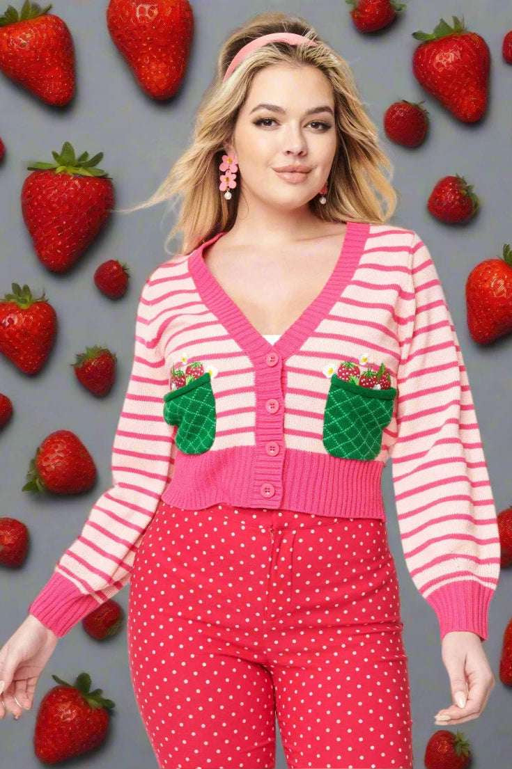 Smak Parlour 1960s Pink Stripes & Strawberry Pocket Cardigan Cardigan by Unique Vintage as seen on celebrities