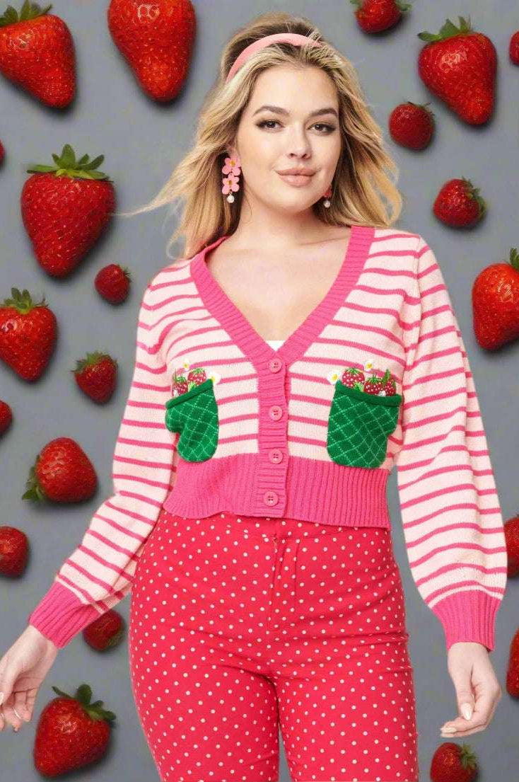 Smak Parlour 1960s Pink Stripes & Strawberry Pocket Cardigan Cardigan by Unique Vintage as seen on celebrities