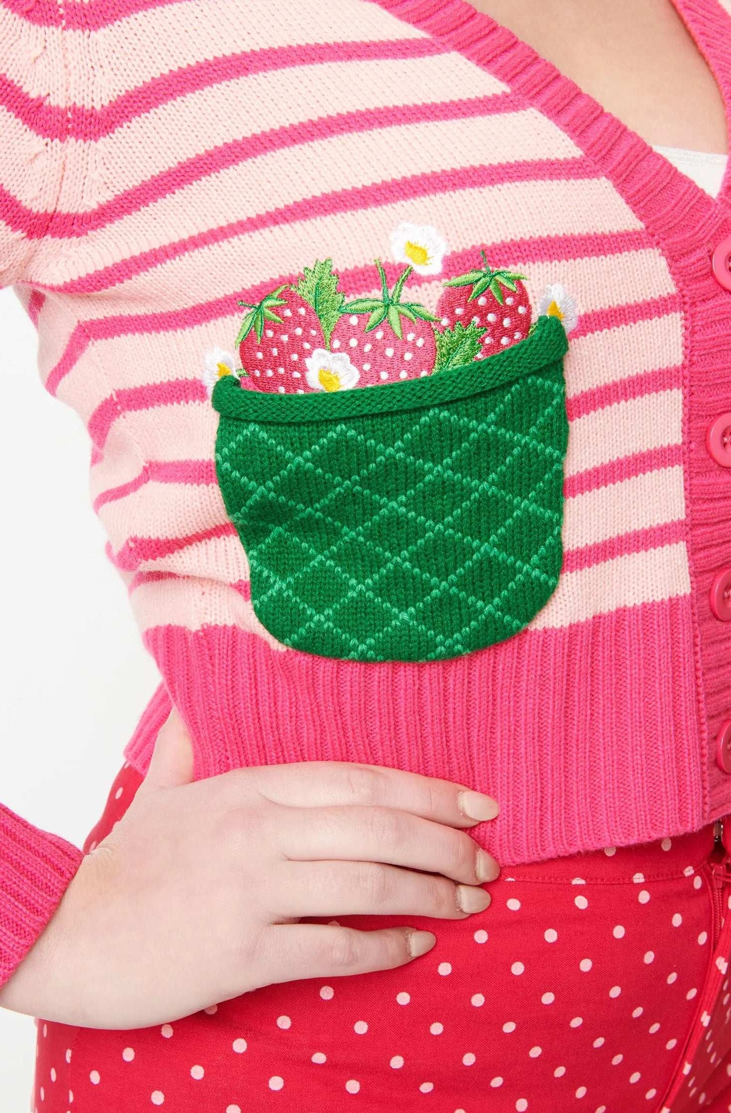 Smak Parlour 1960s Pink Stripes & Strawberry Pocket Cardigan Cardigan by Unique Vintage as seen on celebrities