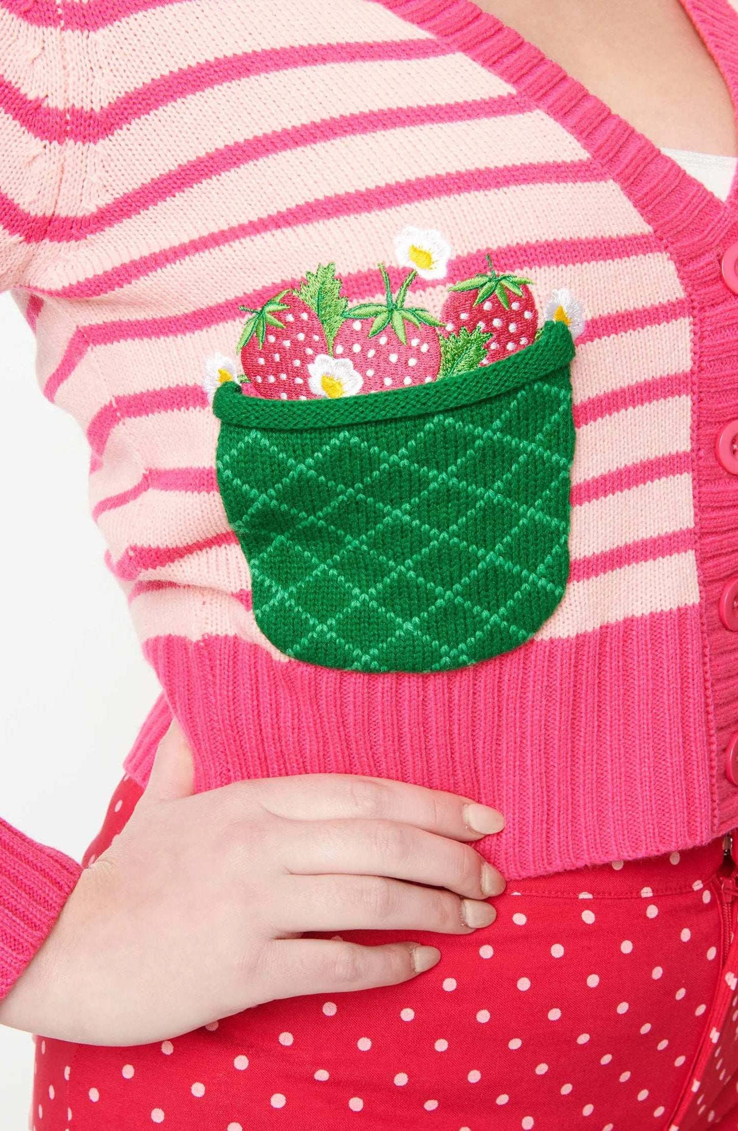 Smak Parlour 1960s Pink Stripes & Strawberry Pocket Cardigan Cardigan by Unique Vintage as seen on celebrities
