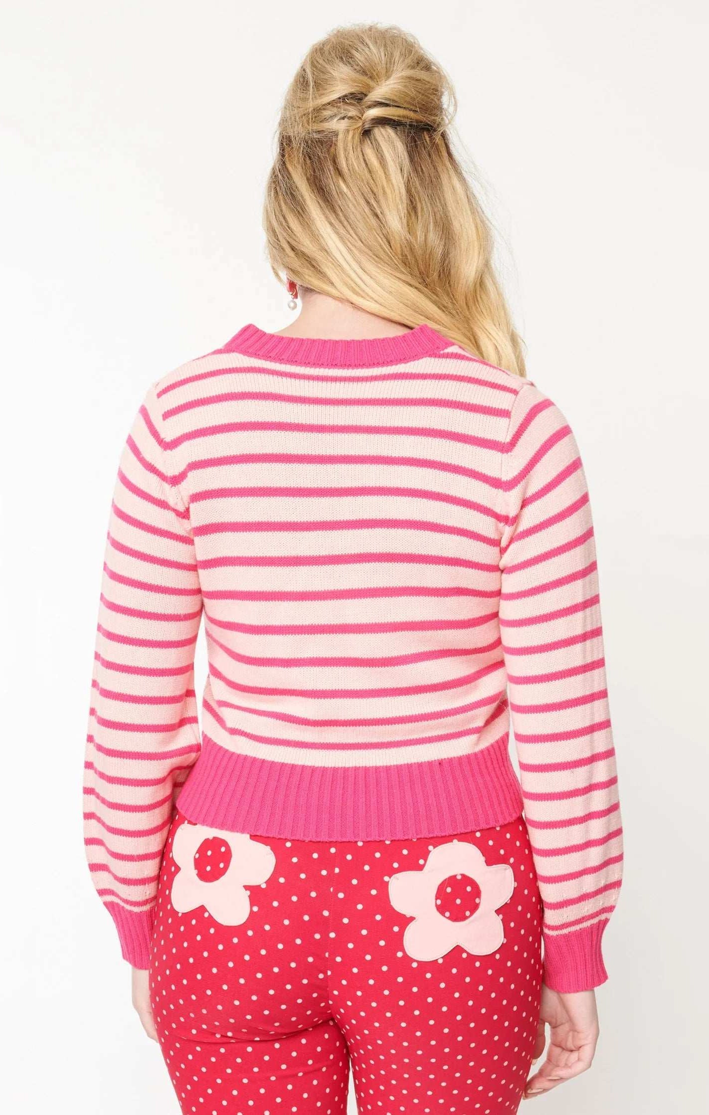 Smak Parlour 1960s Pink Stripes & Strawberry Pocket Cardigan Cardigan by Unique Vintage as seen on celebrities