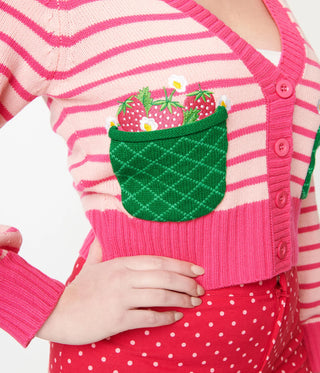 Smak Parlour 1960s Pink Stripes & Strawberry Pocket Cardigan