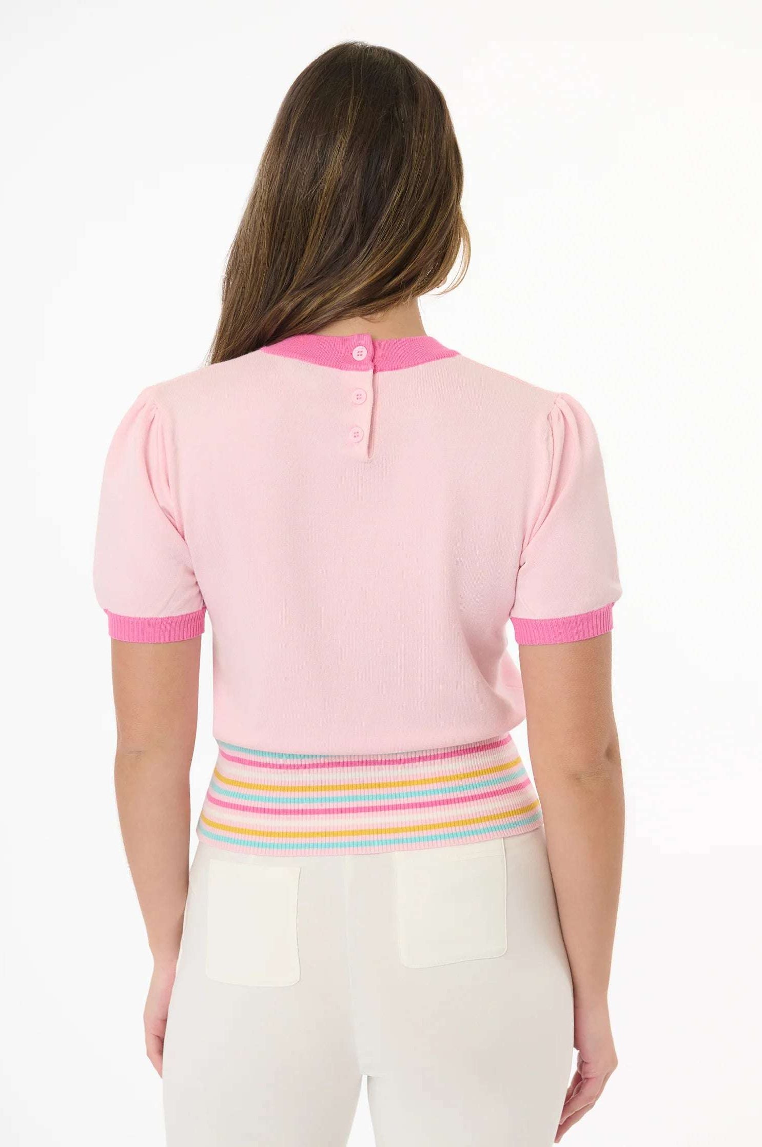 Smak Parlour Pink & Rainbow Flower Cutout Sweater Top by Unique Vintage as seen on celebrities