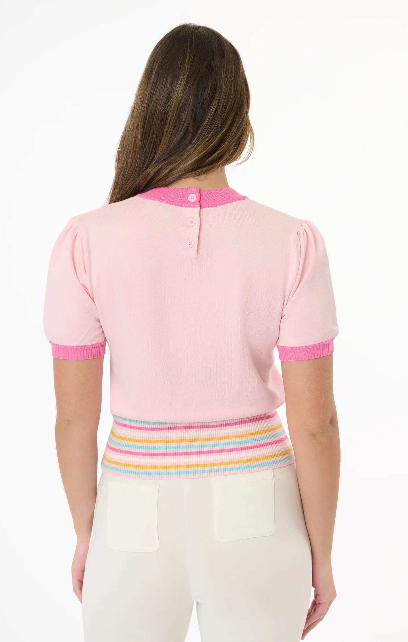 Smak Parlour Pink & Rainbow Flower Cutout Sweater Top by Unique Vintage as seen on celebrities