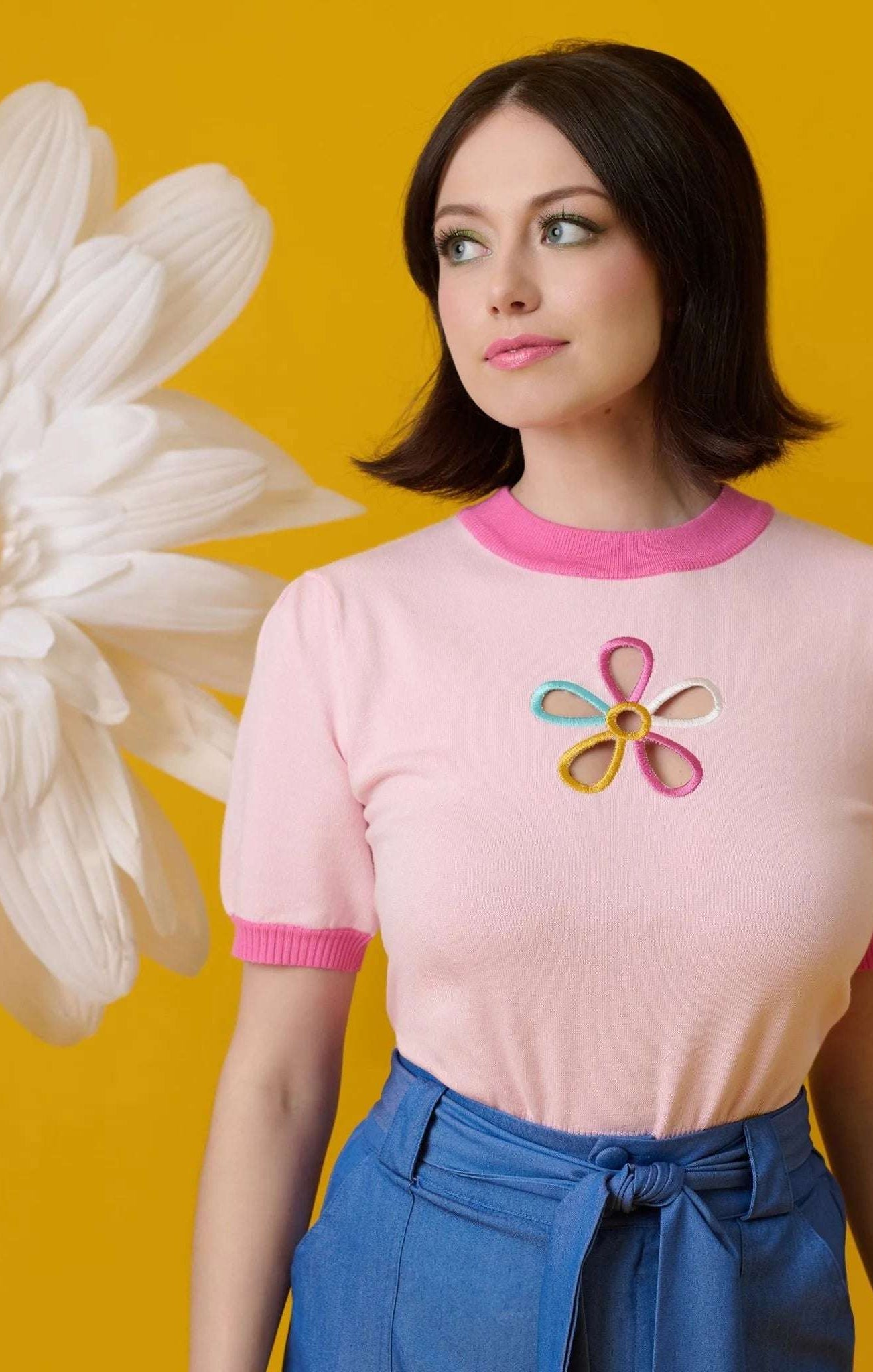 Smak Parlour Pink & Rainbow Flower Cutout Sweater Top by Unique Vintage as seen on celebrities