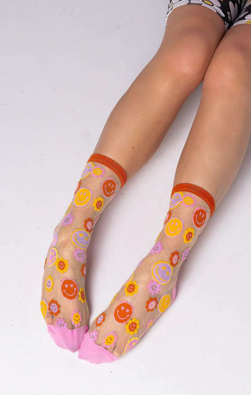 Sock Candy Smiley Face Daisy Sheer Crew Socks Socks by Sock Candy as seen on celebrities