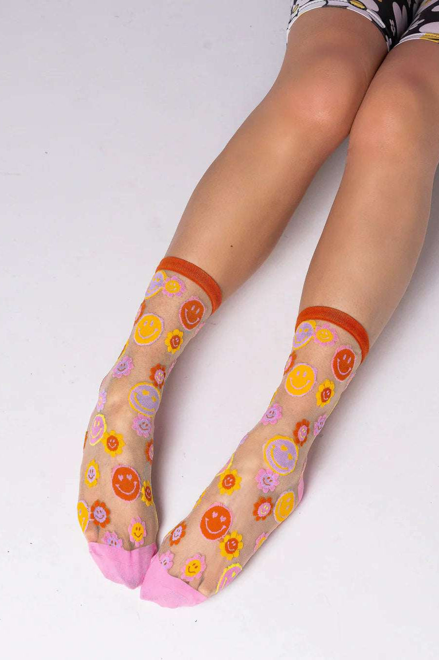Sock Candy Smiley Face Daisy Sheer Crew Socks Socks by Sock Candy as seen on celebrities