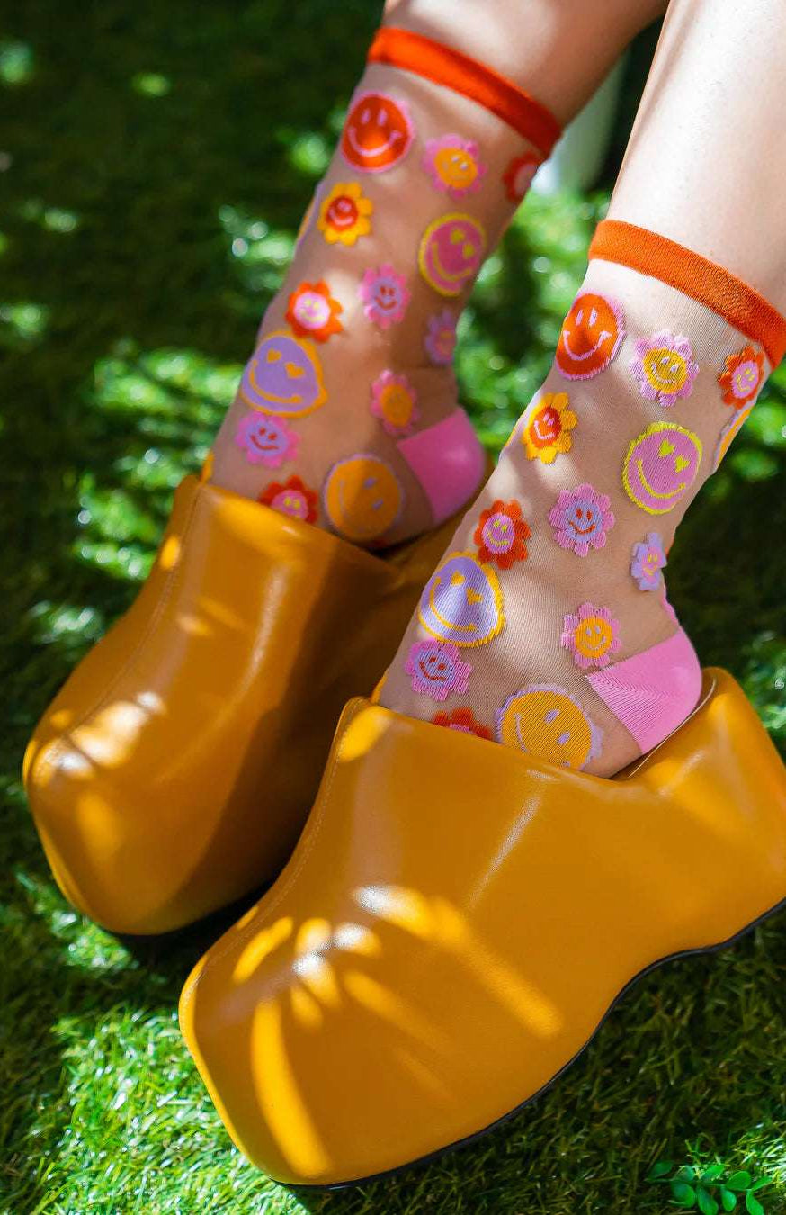 Sock Candy Smiley Face Daisy Sheer Crew Socks Socks by Sock Candy as seen on celebrities