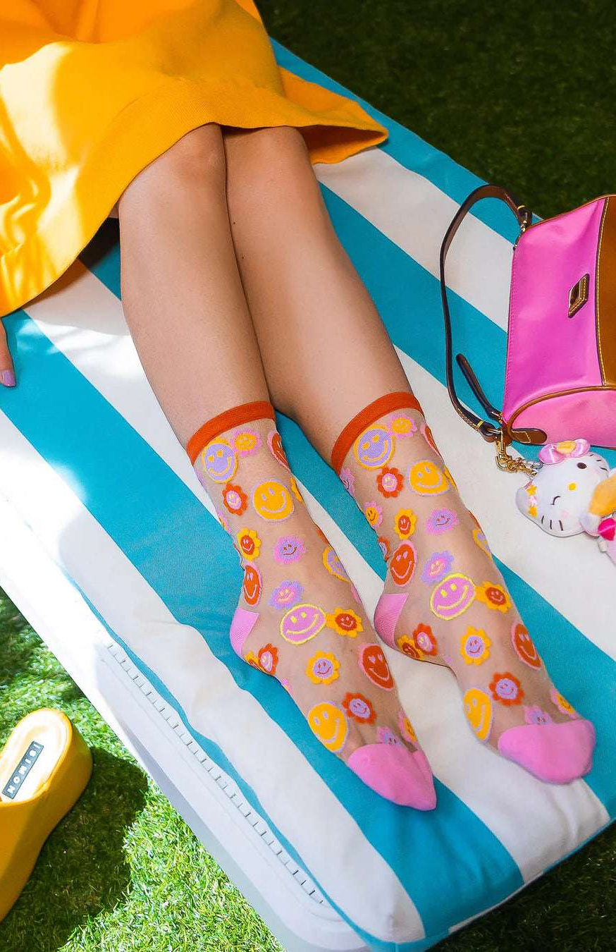 Sock Candy Smiley Face Daisy Sheer Crew Socks Socks by Sock Candy as seen on celebrities