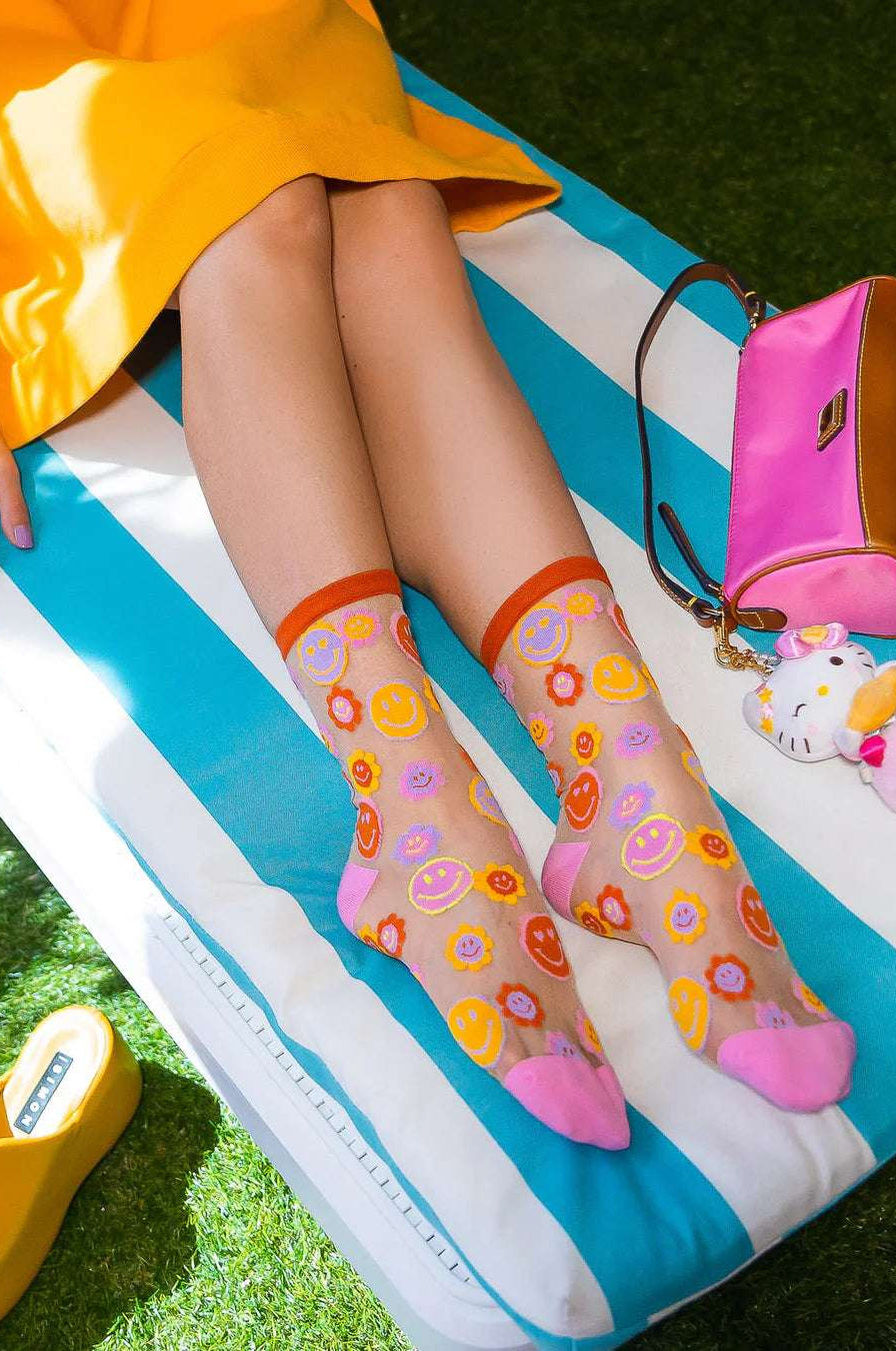 Sock Candy Smiley Face Daisy Sheer Crew Socks Socks by Sock Candy as seen on celebrities