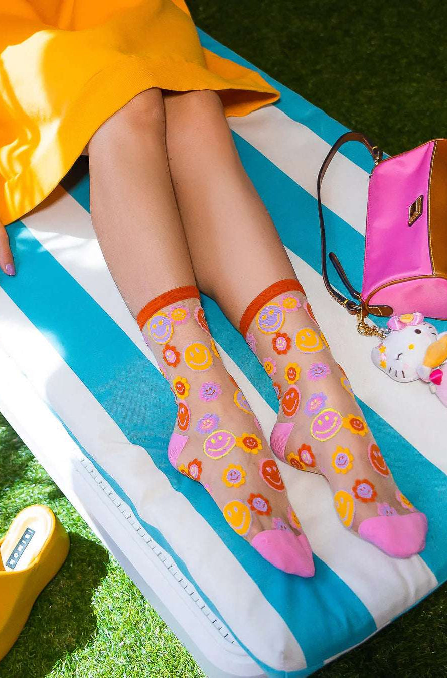 Sock Candy Smiley Face Daisy Sheer Crew Socks Socks by Sock Candy as seen on celebrities