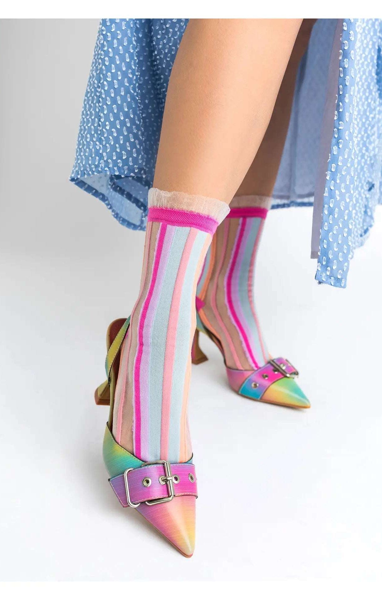 Sock Candy Candy Stripe Ruffle Crew Sock Socks by Sock Candy as seen on celebrities