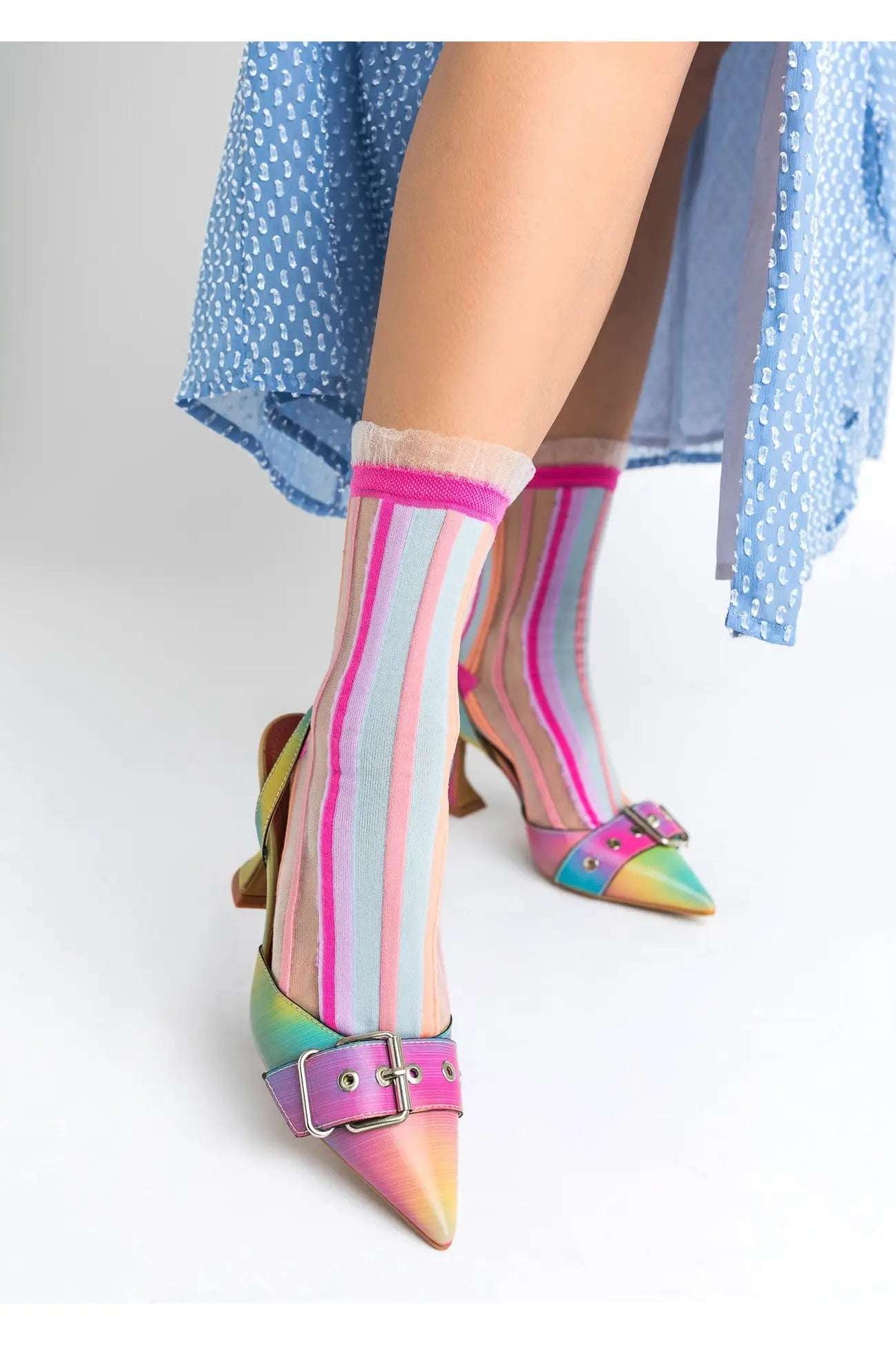 Sock Candy Candy Stripe Ruffle Crew Sock Socks by Sock Candy as seen on celebrities