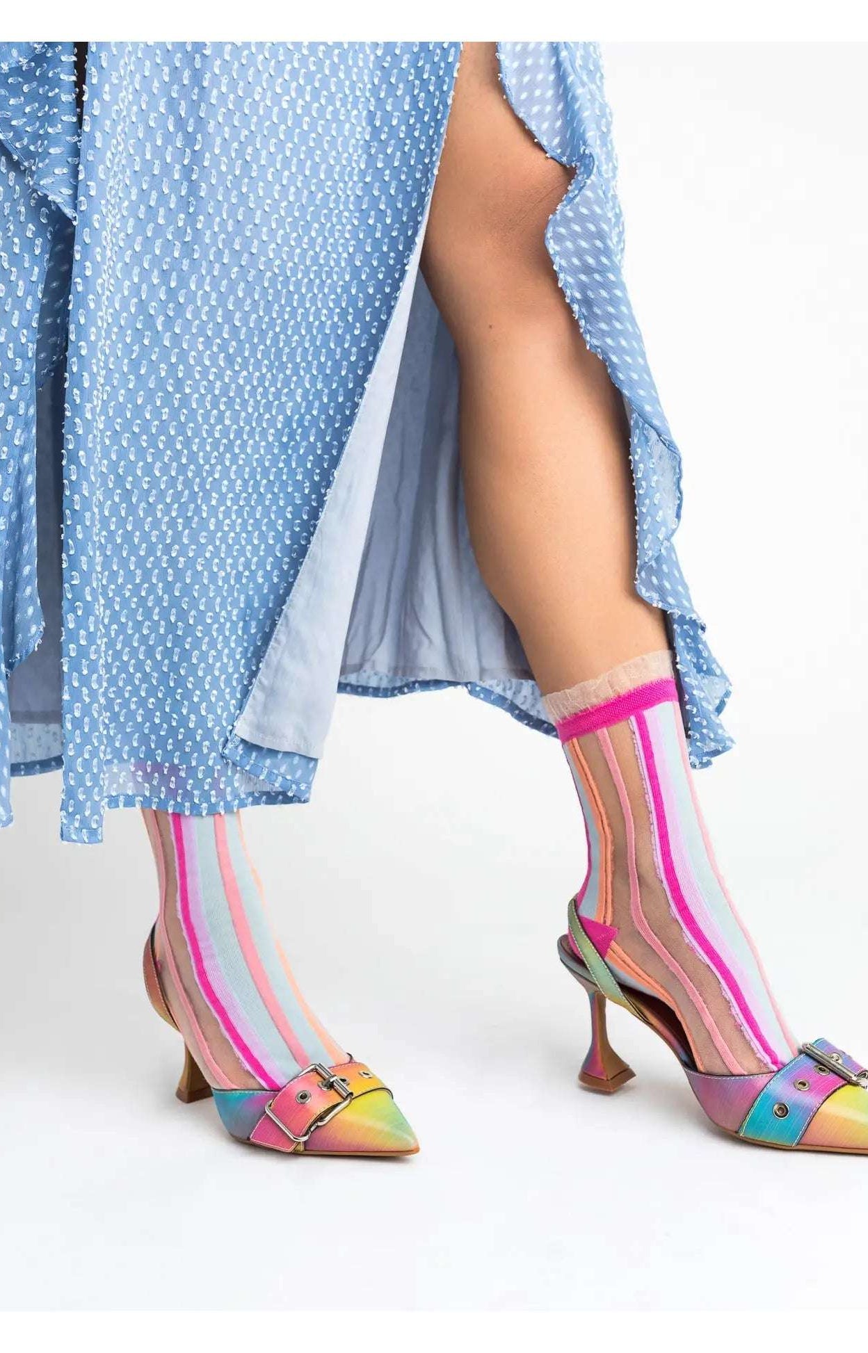 Sock Candy Candy Stripe Ruffle Crew Sock Socks by Sock Candy as seen on celebrities