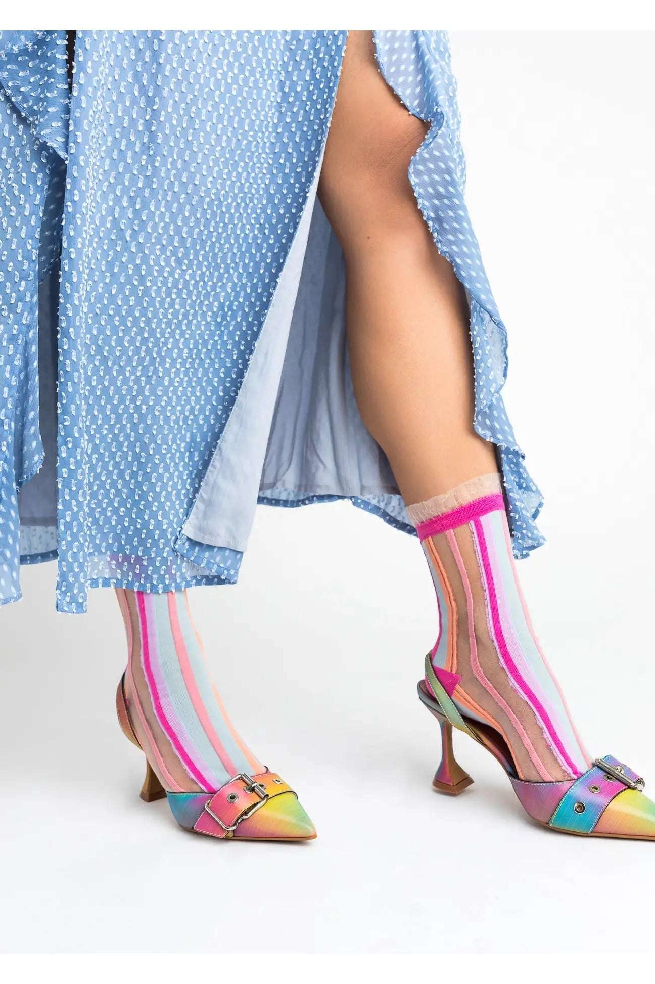 Sock Candy Candy Stripe Ruffle Crew Sock Socks by Sock Candy as seen on celebrities