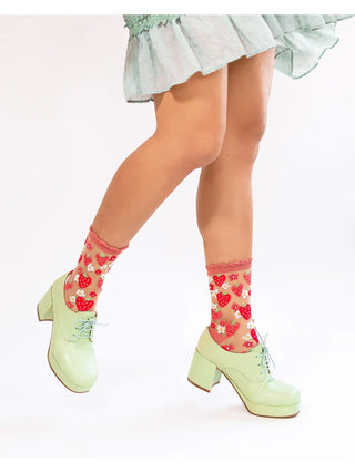 Sock Candy Strawberry Daisy Ruffle Sheer Crew Sock as seen on Chrissy Teigen