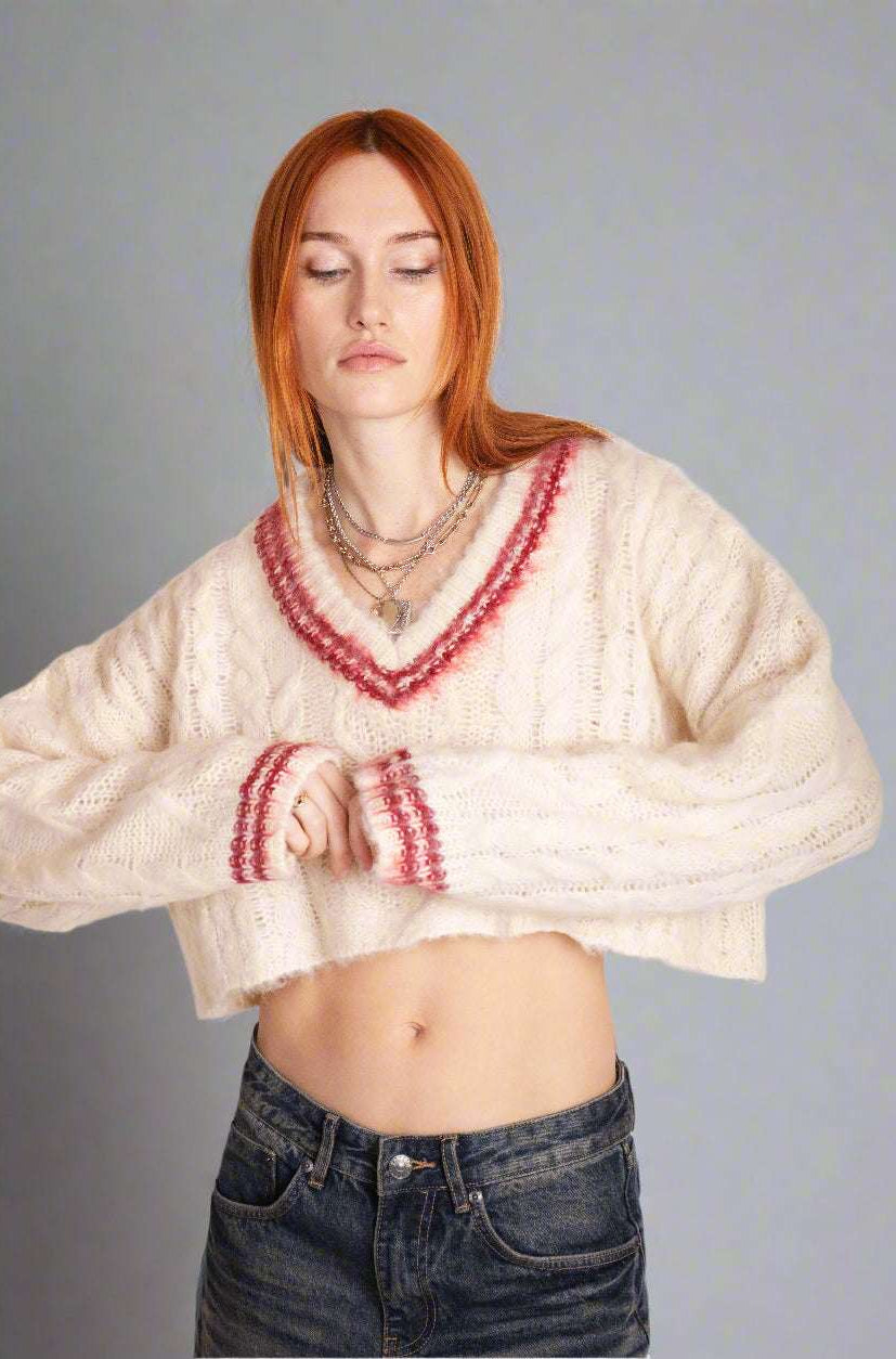 The Ragged Priest Load Varsity Crop Cable Knit Jumper Jumper by The Ragged Priest as seen on celebrities