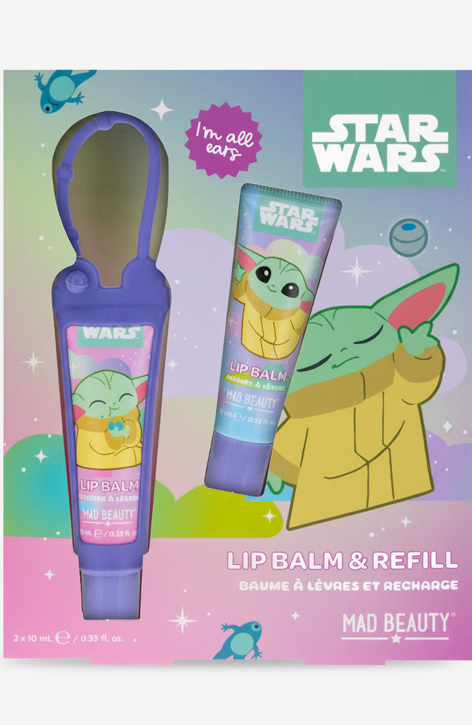 Star Wars-themed lip balm and refill set with packaging featuring Baby Yoda on a colorful background.