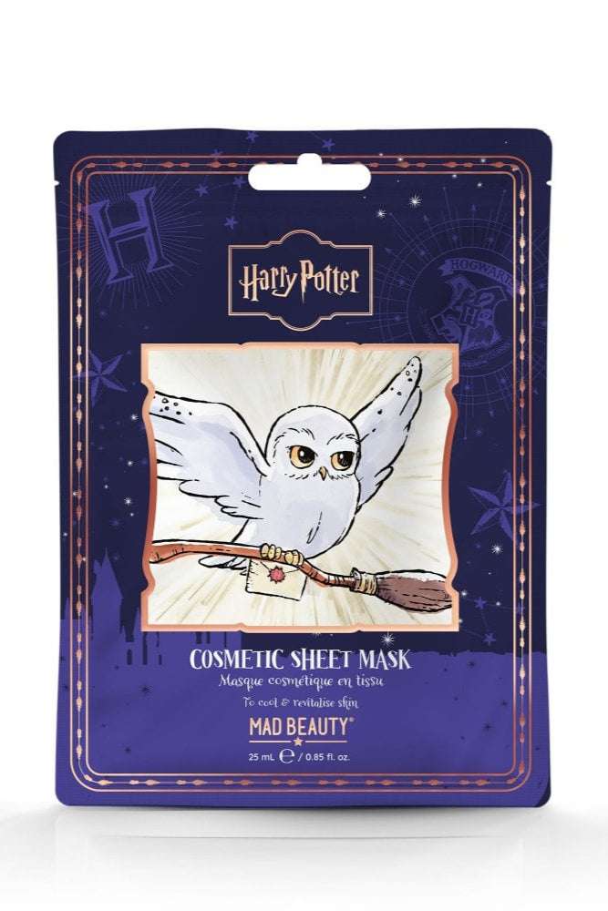 Cosmetic sheet mask packaging with owl design and Harry Potter branding on a white background