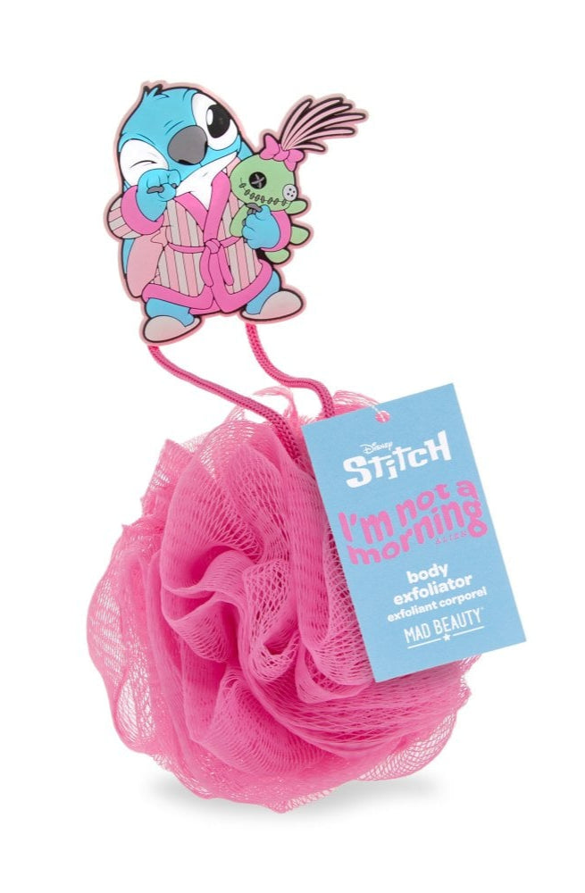 Pink bath pouf with cartoon character on a white background