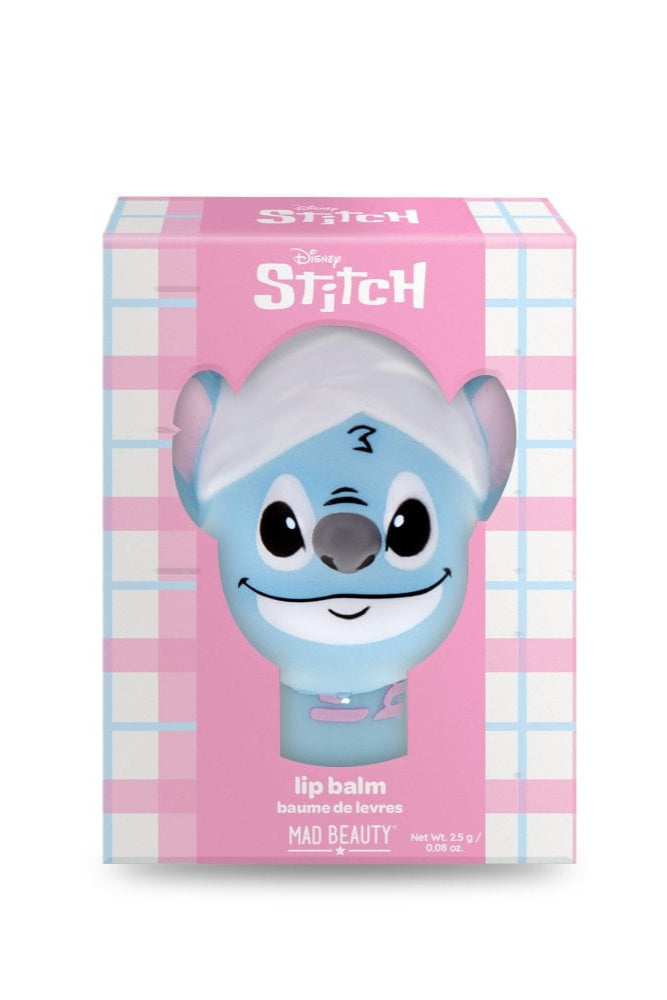 Lip balm packaging with Disney Stitch design on a pink and white checkered background