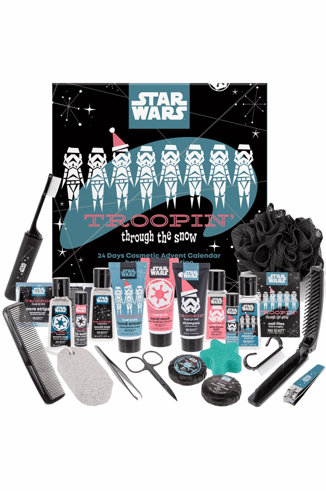 Star Wars-themed cosmetic advent calendar with grooming items on a white background