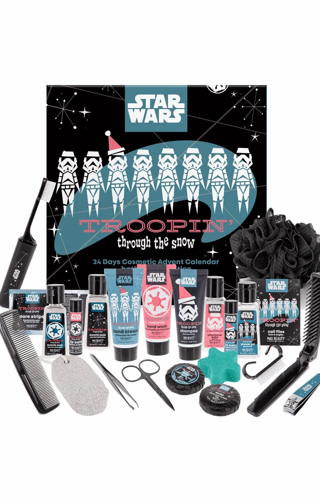 Star Wars-themed cosmetic advent calendar with grooming items on a white background