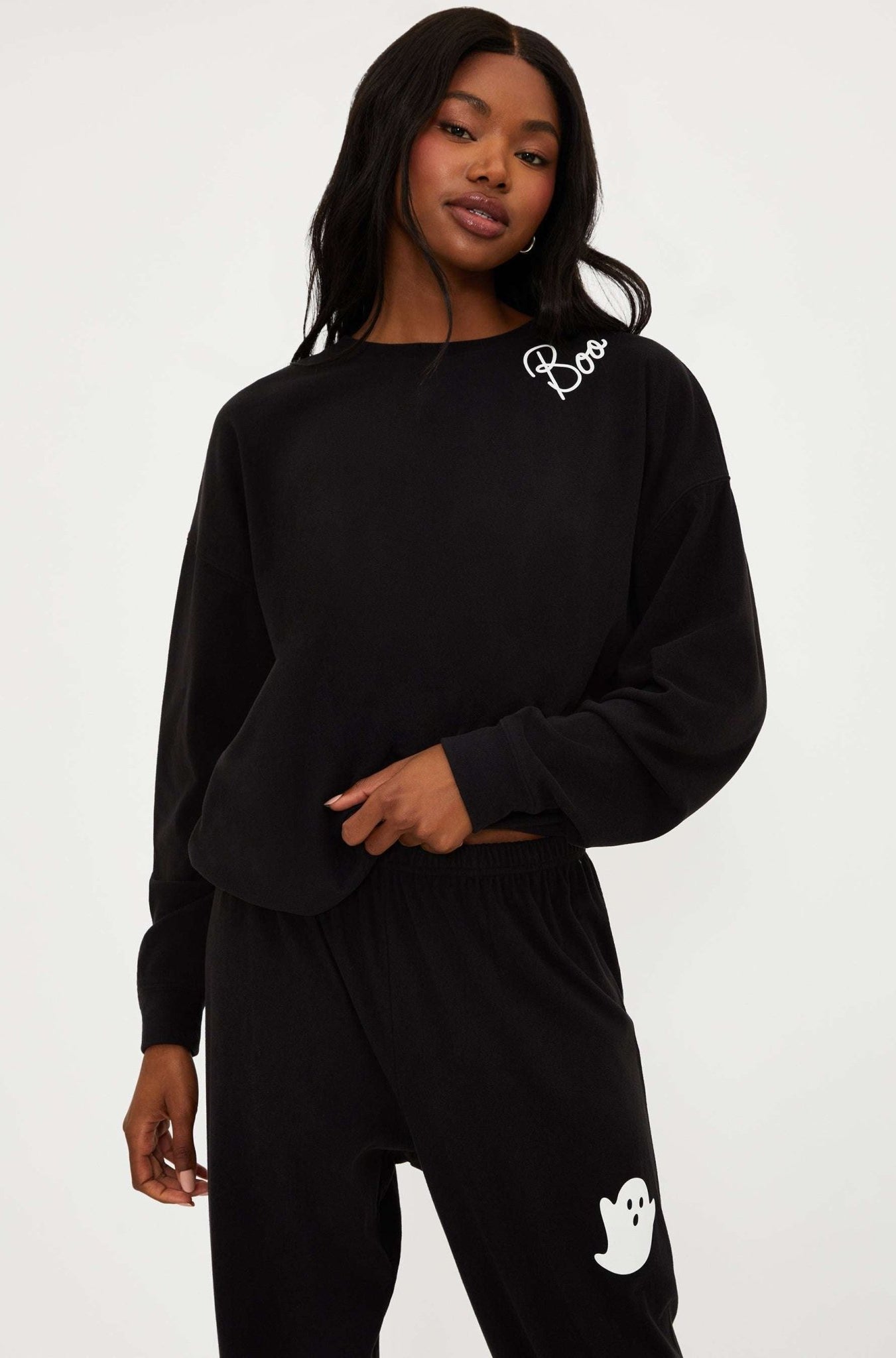 Shop Beach Riot Beach Riot Devyn Boo Black Sweatshirt Sweater for women – premium loungewear and festival fashion at Spoiled Brat