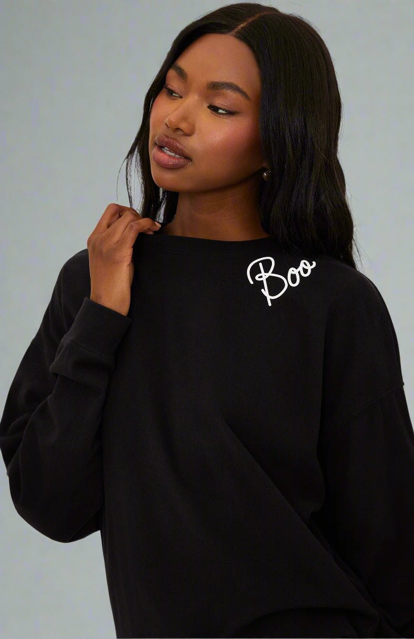 Shop Beach Riot Beach Riot Devyn Boo Black Sweatshirt Sweater for women – premium loungewear and festival fashion at Spoiled Brat
