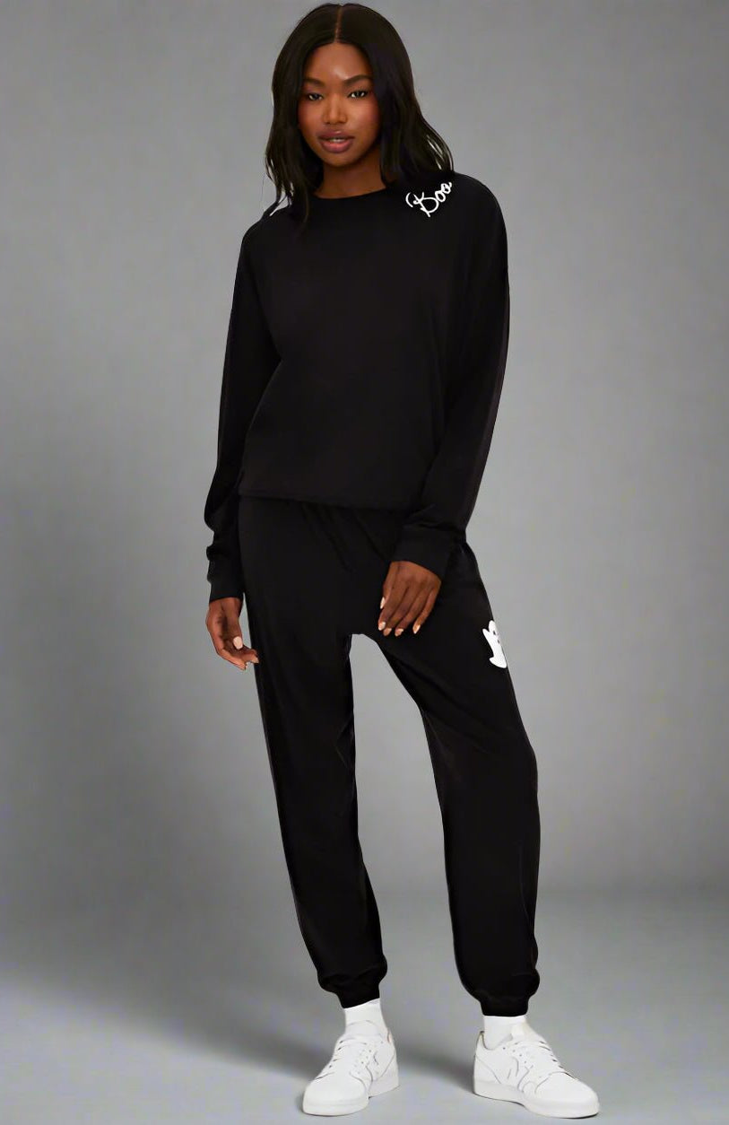 Shop Beach Riot Beach Riot Devyn Boo Black Sweatshirt Sweater for women – premium loungewear and festival fashion at Spoiled Brat