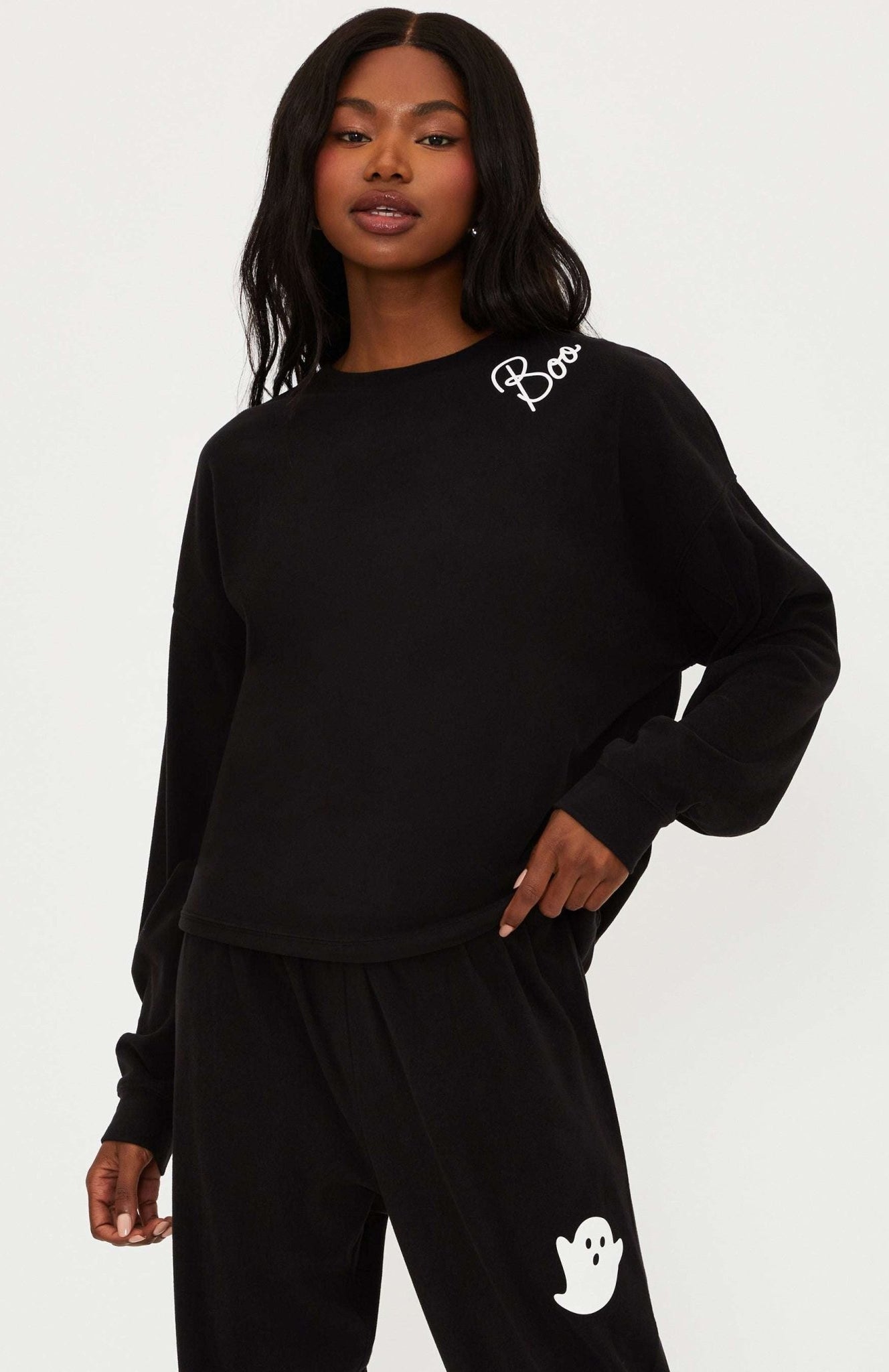 Shop Beach Riot Beach Riot Devyn Boo Black Sweatshirt Sweater for women – premium loungewear and festival fashion at Spoiled Brat