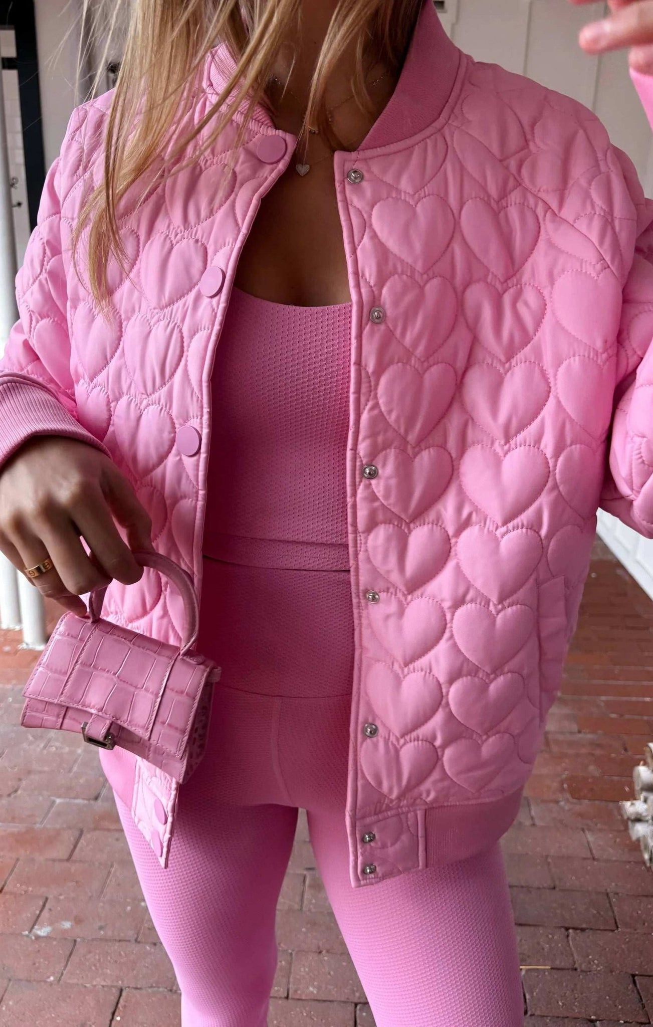 Shop Beach Riot Beach Riot Flight Jacket Prism Pink Heart Jacket for women – premium loungewear and festival fashion at Spoiled Brat